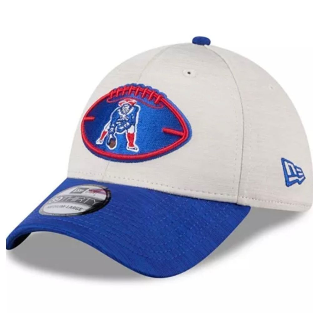 NWT Men's Stone/Royal New England Patriots 2024 Sideline Historic 39THIRTY Flex